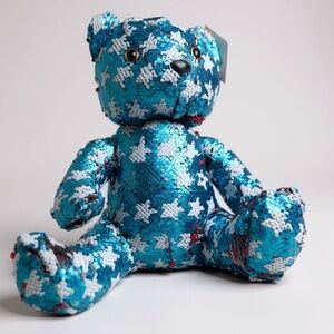 New w Tags Sparkling Blue and White Sequin Teddy Bear 12” 4 available